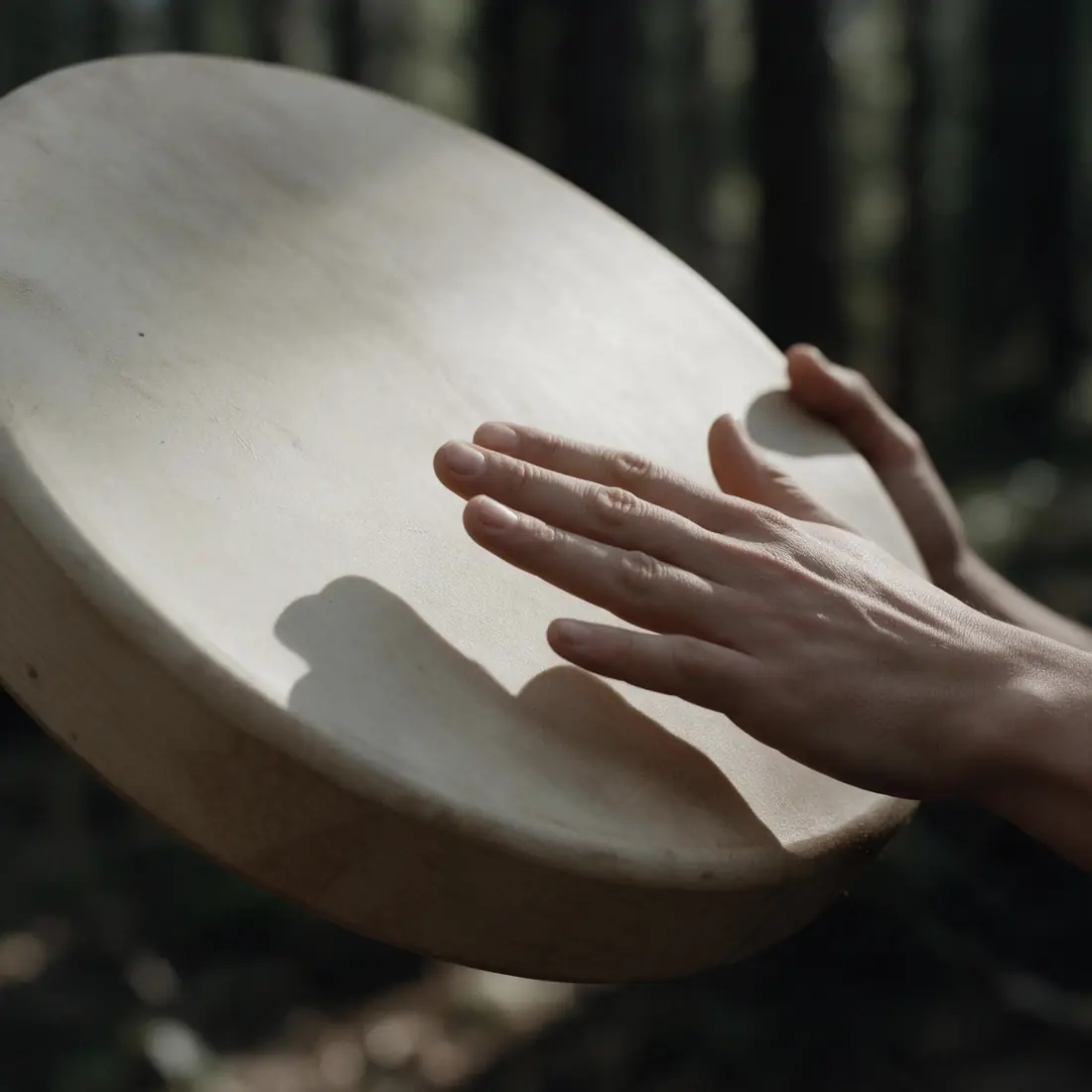 Einfache Rahmentrommel aus Holz und Naturhaut, von zwei Händen gehalten.